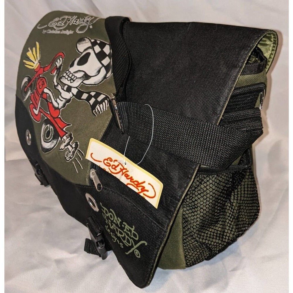 Ed Hardy SPEEDY Motorcycle Skeleton ARMY GREEN Messenger Bag Y2K NWT - Picture 5 of 7